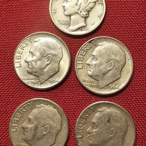 5 DIMES 90% Silver,(1) Mercury 1945-S, (4) Rossevelts 2 1964-D, 1957-D, 1946-D